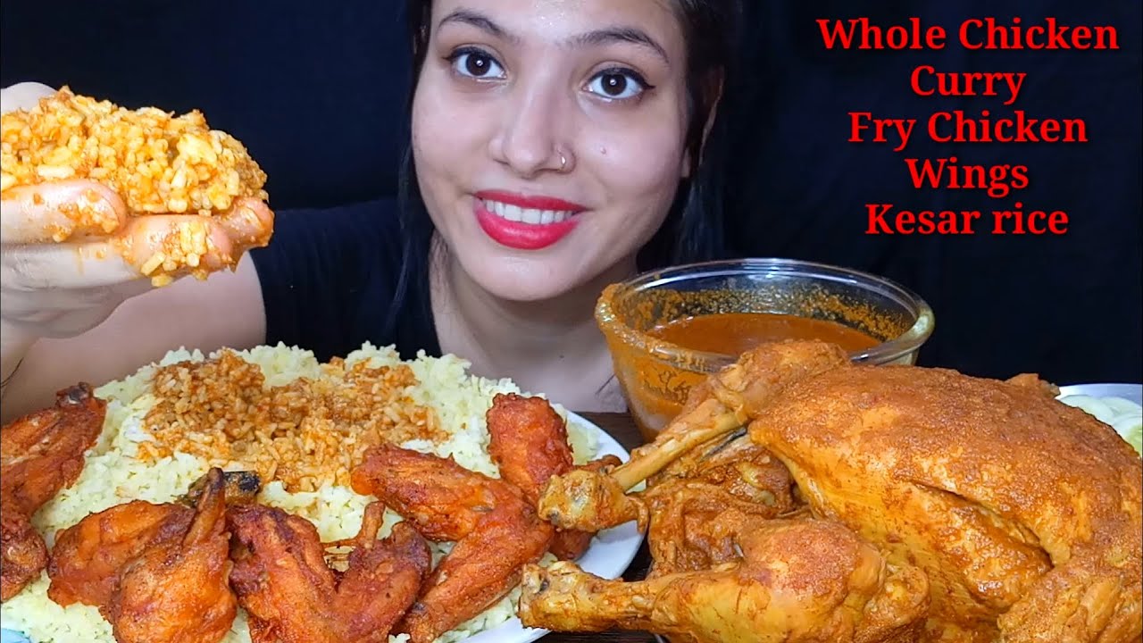Eating Kesar Rice, Whole Chicken Curry, Fry Chicken Wings | Huge Indian food feast Eating Mukbang |