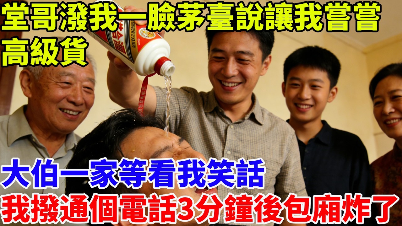 堂哥潑我一臉茅臺，說讓我嘗嘗高級貨，大伯一家等看我笑話，我只是笑笑撥通個電話，3分鐘後包廂炸了鍋#故事#故事頻道#情感故事