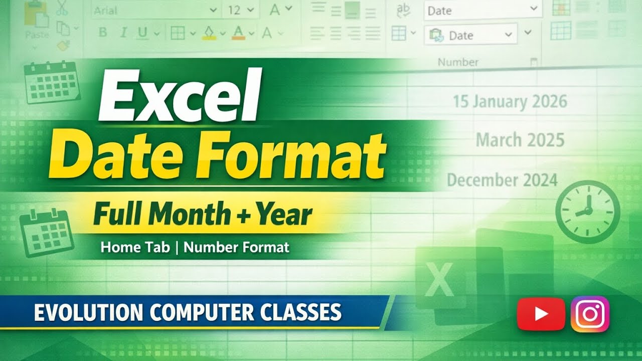 Excel Date Format | Month & Year कैसे लिखें | Home Tab Number Format | Evolution Computer 