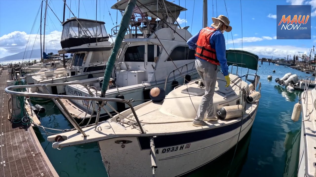 Out of the 99 moorings at Lahaina Harbor, a row of 13 boats appears largely unscathed
