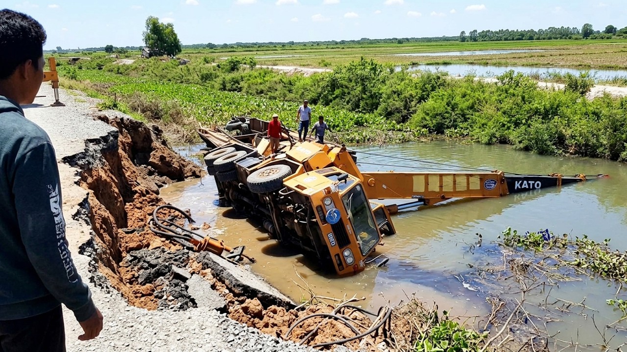WOW! OMG! The Massive Huge Recovery Unexpected Big Heavy Crane Truck Collapse in Canal