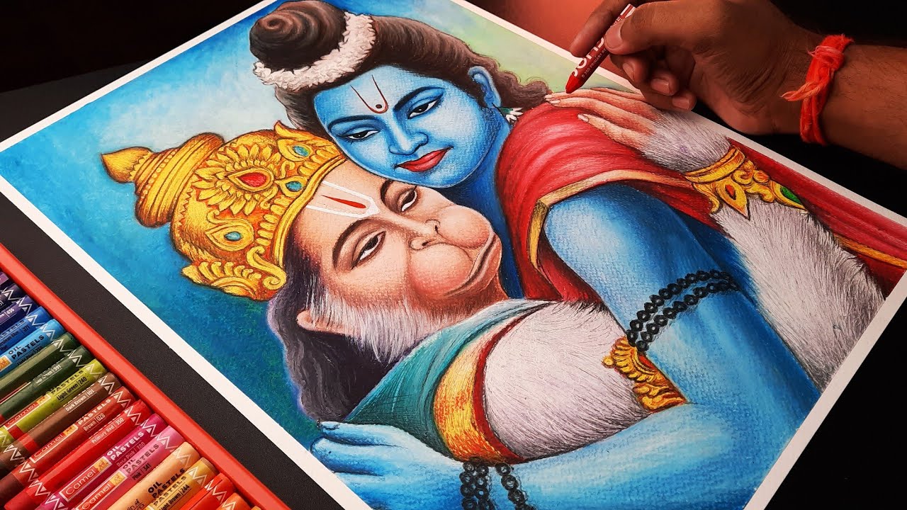 Ram Navami Drawing,  Oil pastel drawing,  Hanuman with Shree Ram Drawing