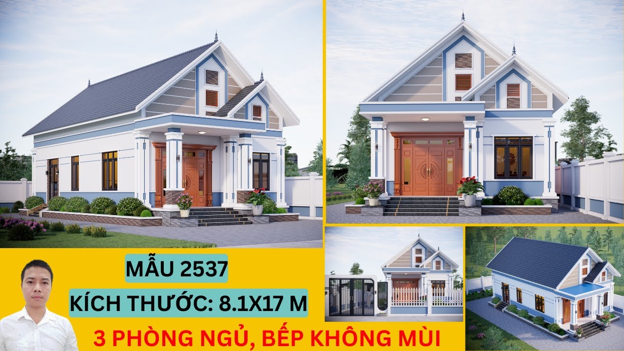 Mẫu 2537 - Nhà Cấp 4 Mái Thái Hiện Đại Kích Thước 8.1x16m – 3 Phòng Ngủ, Bếp Cuối Nhà Rất Thoáng