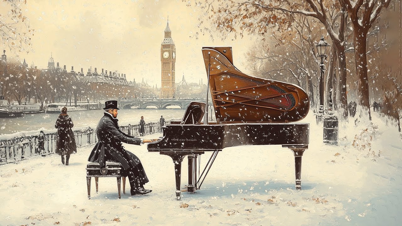 “Nocturne in Snow and Silence: A Grand Piano at Dusk Along a Frozen Riverside in 19th-Century Europe