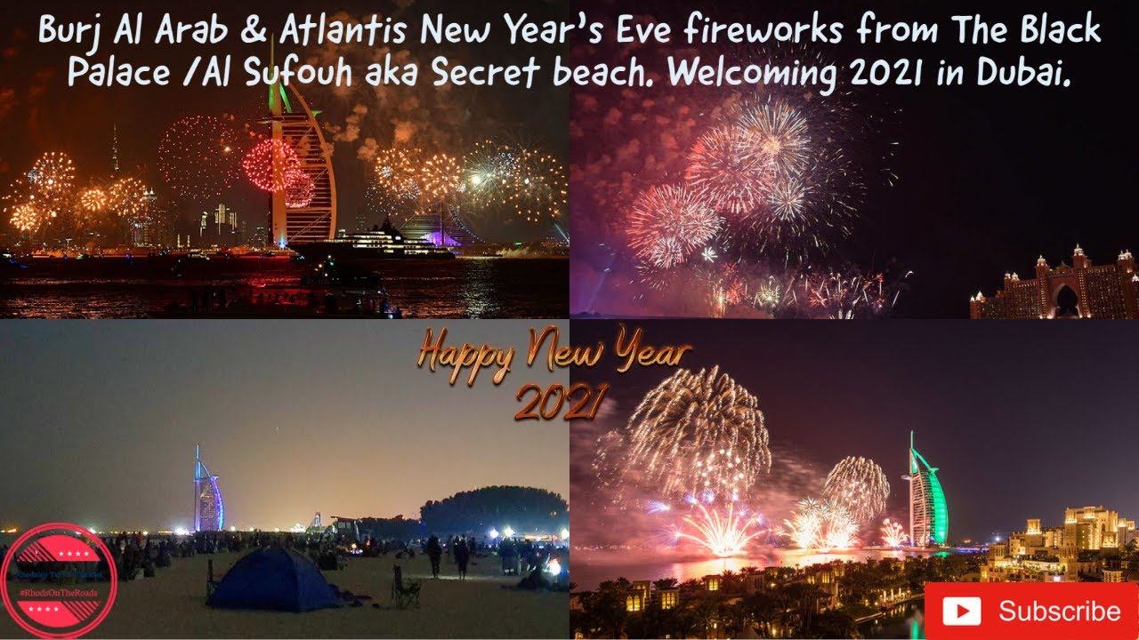 Burj Al Arab & Atlantis New Year’s Eve fireworks from Black Palace beach.| Welcoming 2021 in Dubai.