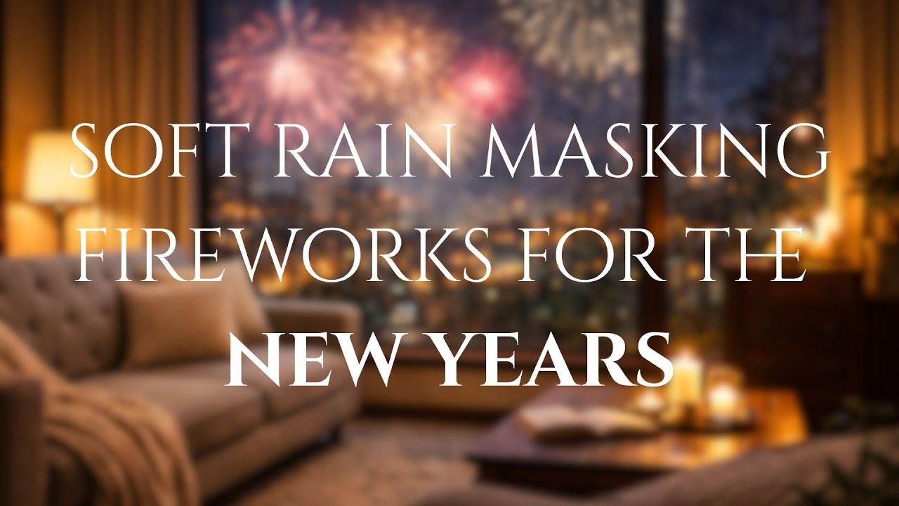 Cozy Winter Night Ambience ☕ Gentle Rain & Fireworks for Relaxation