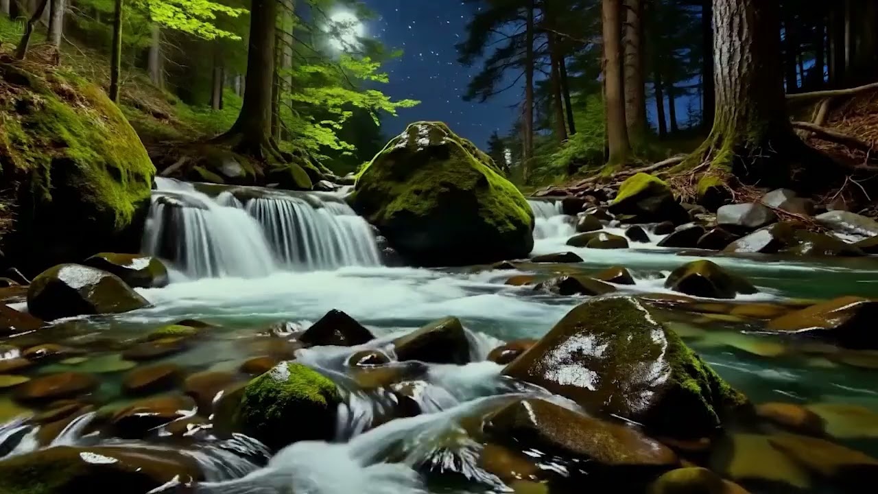 Healing Night Stream + Waterfall Sounds 🌌💦 Calm Flowing Water for Relaxation & Focus