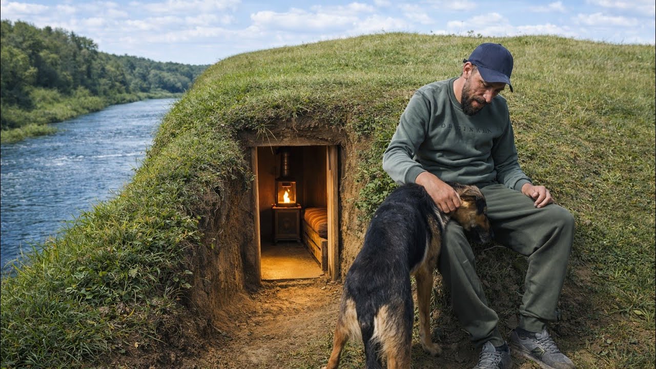 Building a Warm and Cozy Dugout on the Riverbank. Secret cave in the hill | Bushcraft Survival