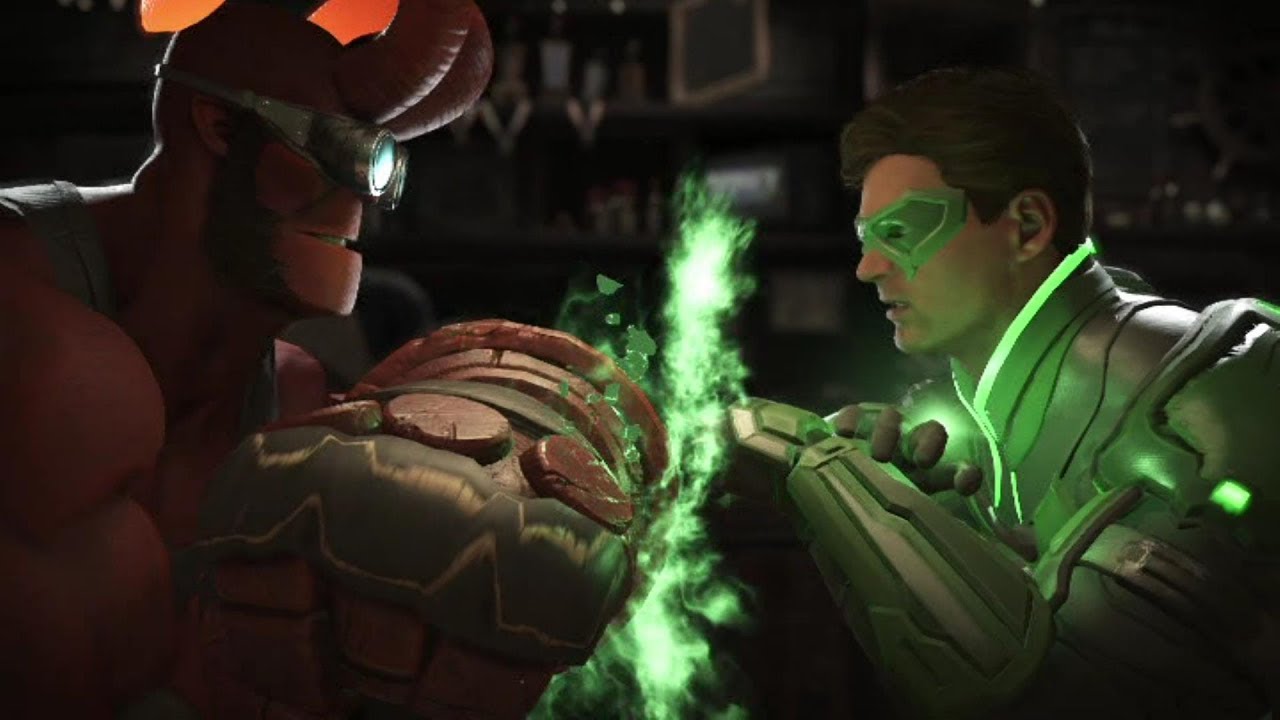 Injustice 2: Hellboy Vs Green Lantern Hal & John - All Intro/Outros, Clash Dialogues, Super Moves