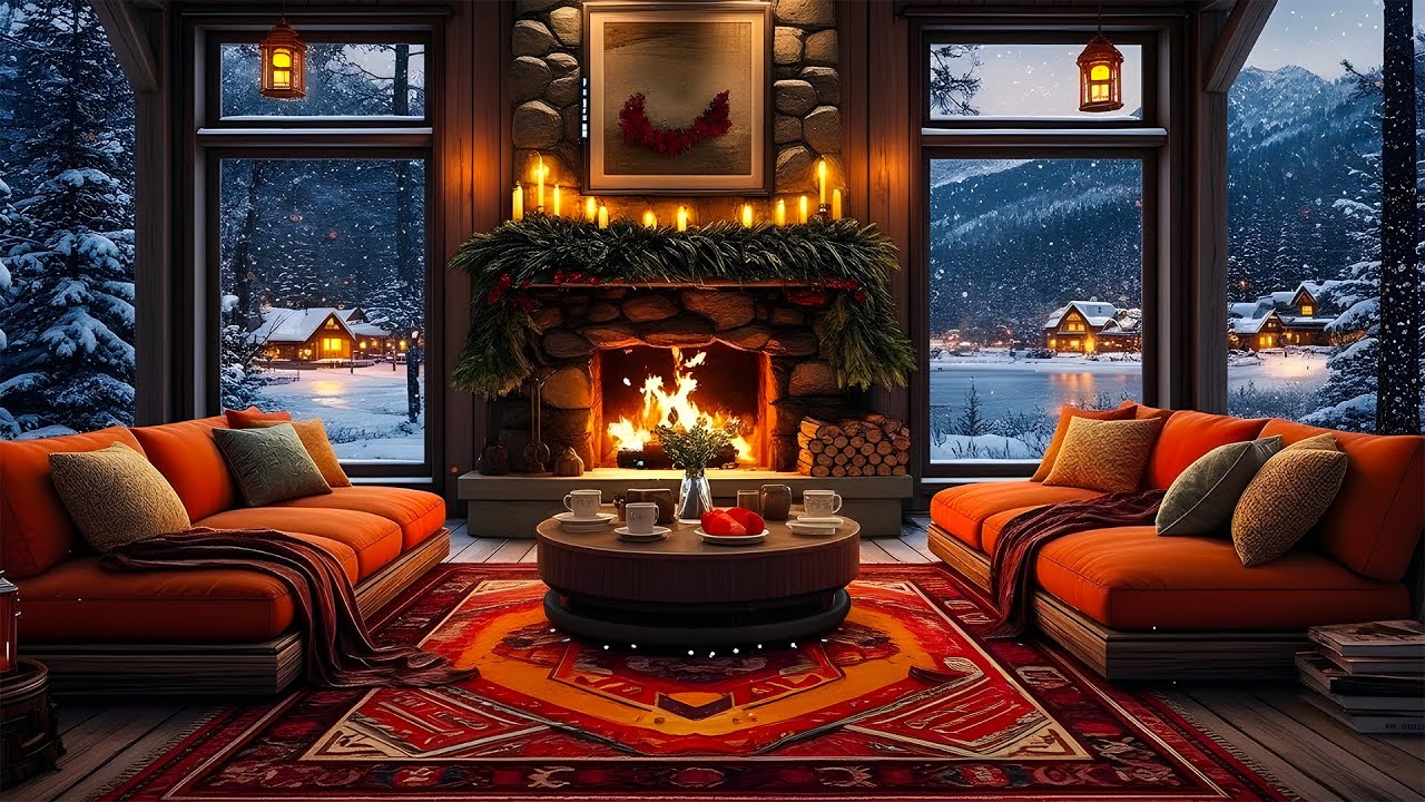 Cozy Winter Cabin Fireplace ❄️ Snowfall Ambience & Warm Fireplace Sounds