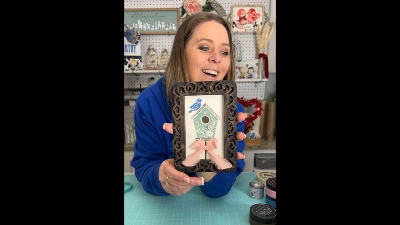 Spring Birds and house with Hobby Lobby Wooden Frame