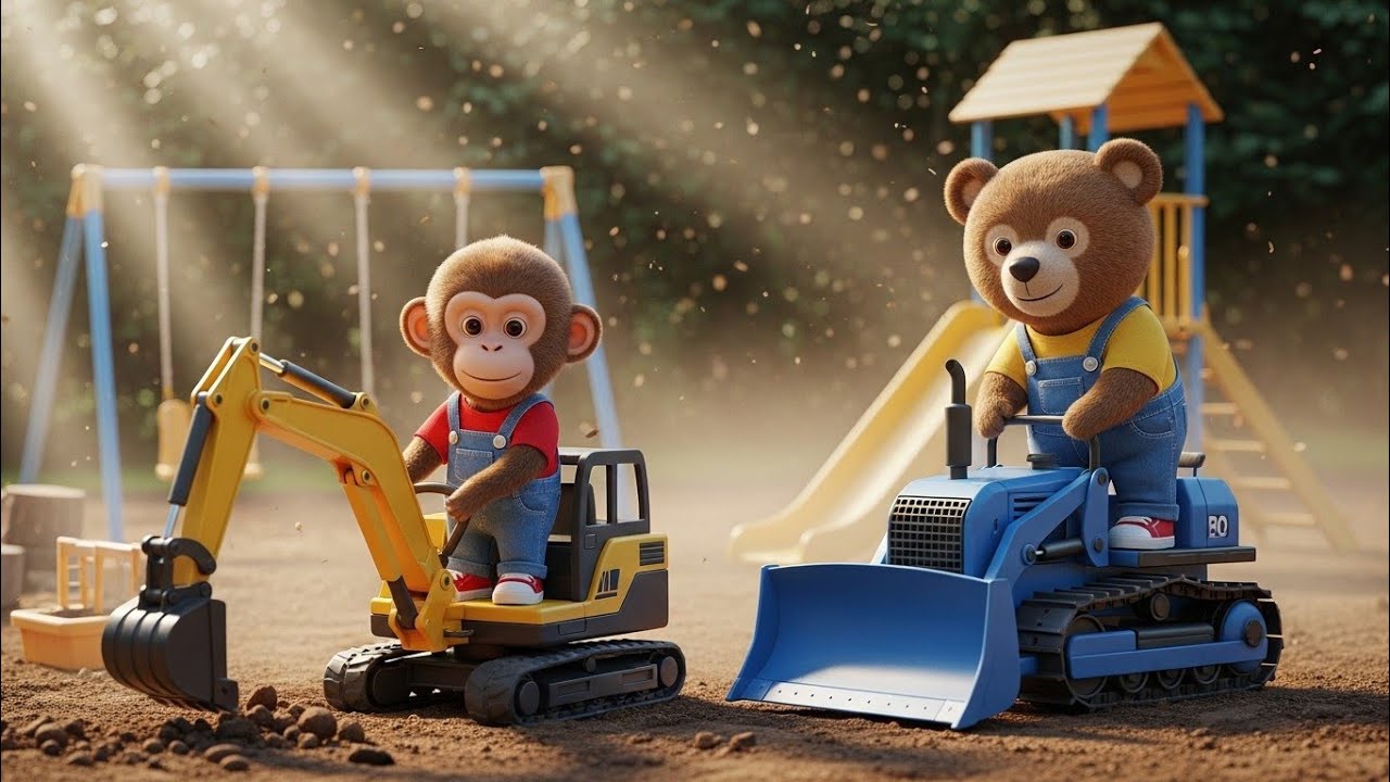 Monkey & Bear Build a Real Playground with Excavator