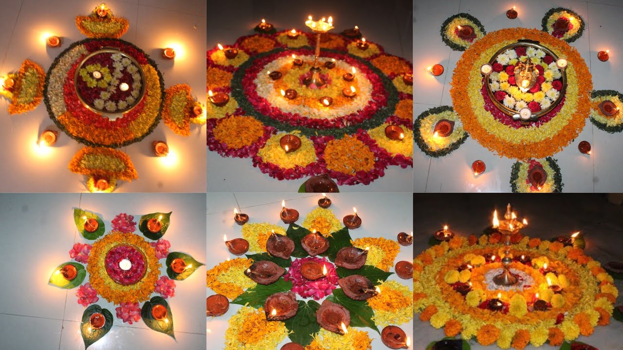 6 Easy Home entrance flower rangoli designs for Diwali ll karthikamasam special Flower rangoli