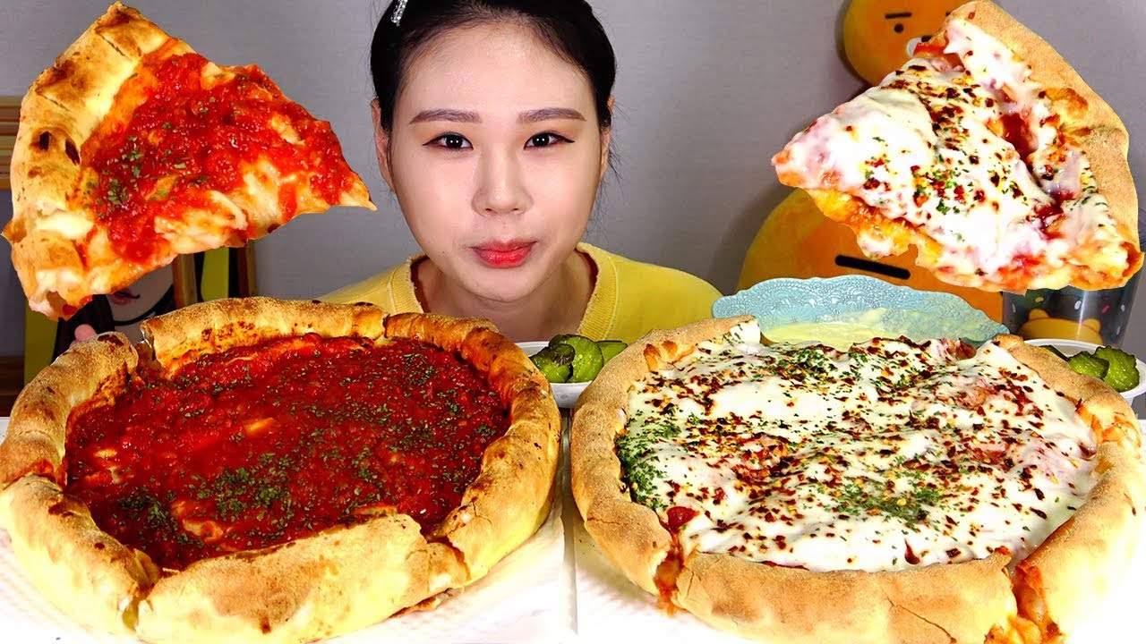 Heuruzu (тающая) фондю и сыр чикагская пицца Mukbang ест звук