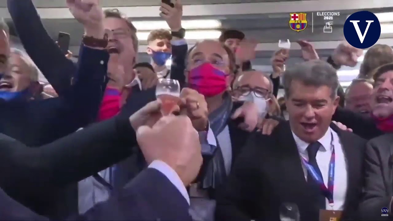 Laporta celebra los resultados a la presidencia del FC Barcelona con cánticos y champán