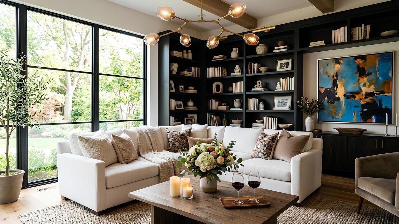 Cozy Modern Living Room Interior With White Sectional Sofa, Bookshelves and Sunlit Window View