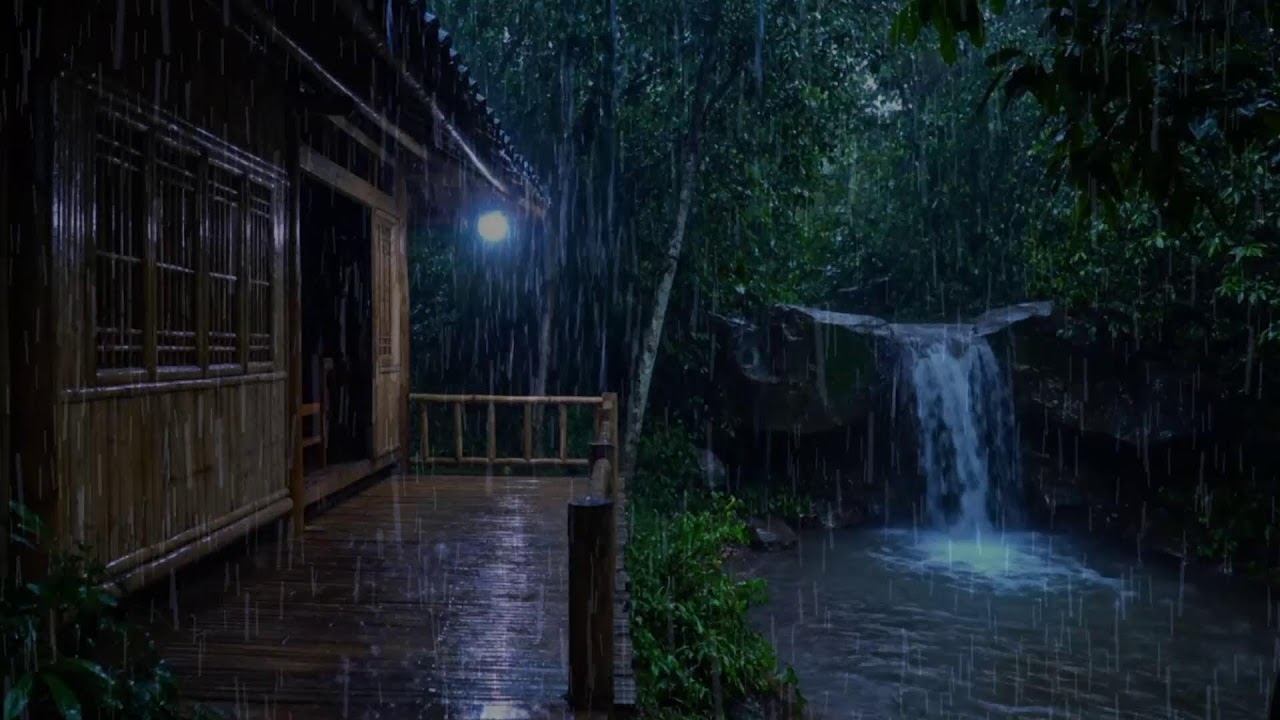 Deep Sleep Guaranteed 🌙 Torrential Rain at a Blue-Lit Bamboo Forest Home