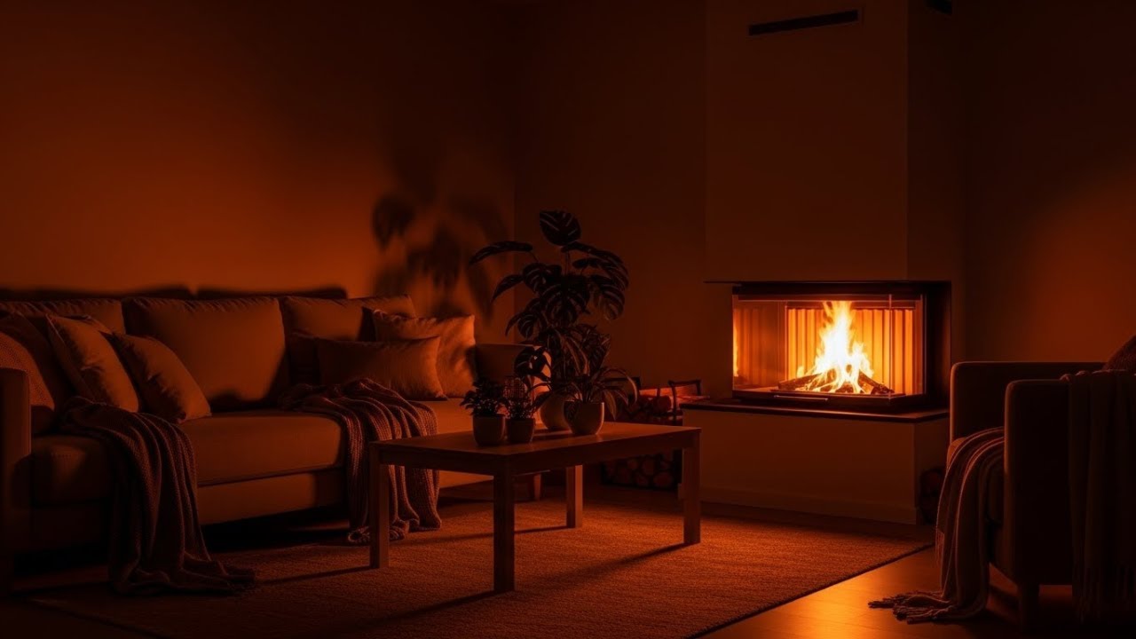 Cozy Aesthetic Living Room at Night 🔥 Warm Fireplace & Soft Rain Ambience 4K