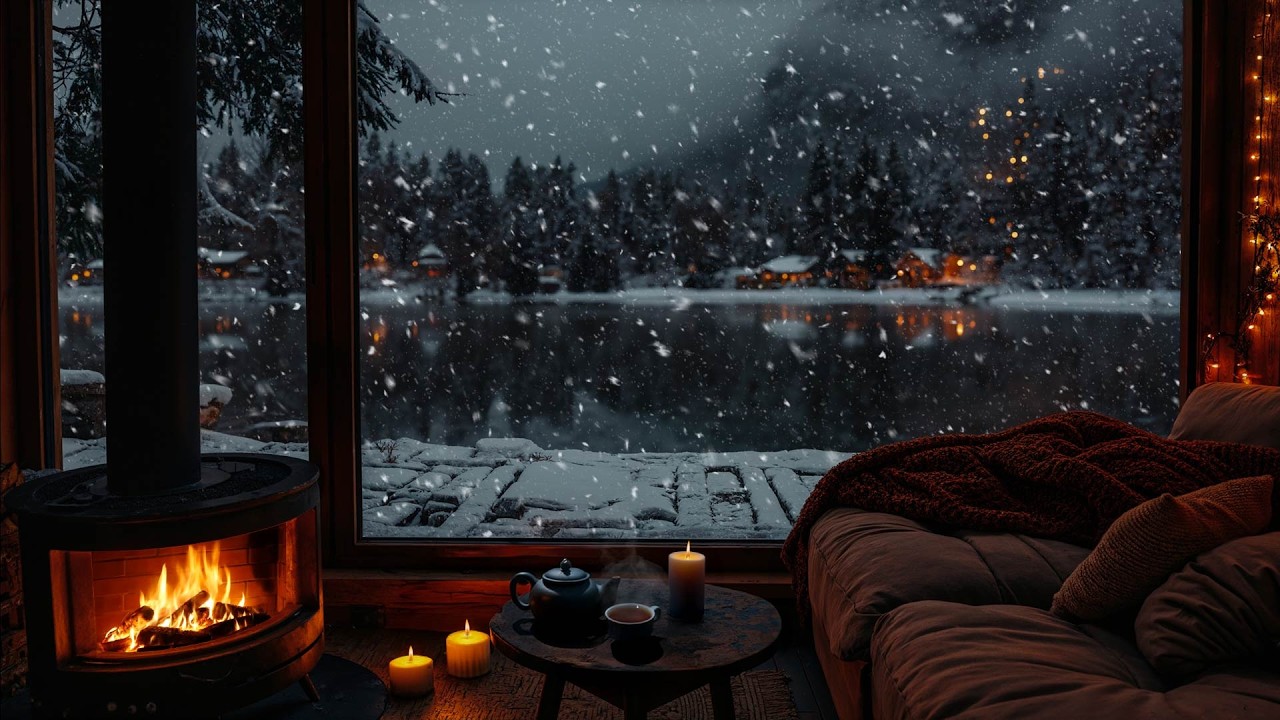 Midnight Jazz & Fireplace Crackles in a Cozy Snowy Cabin Night for Sleep, Study & Relaxation