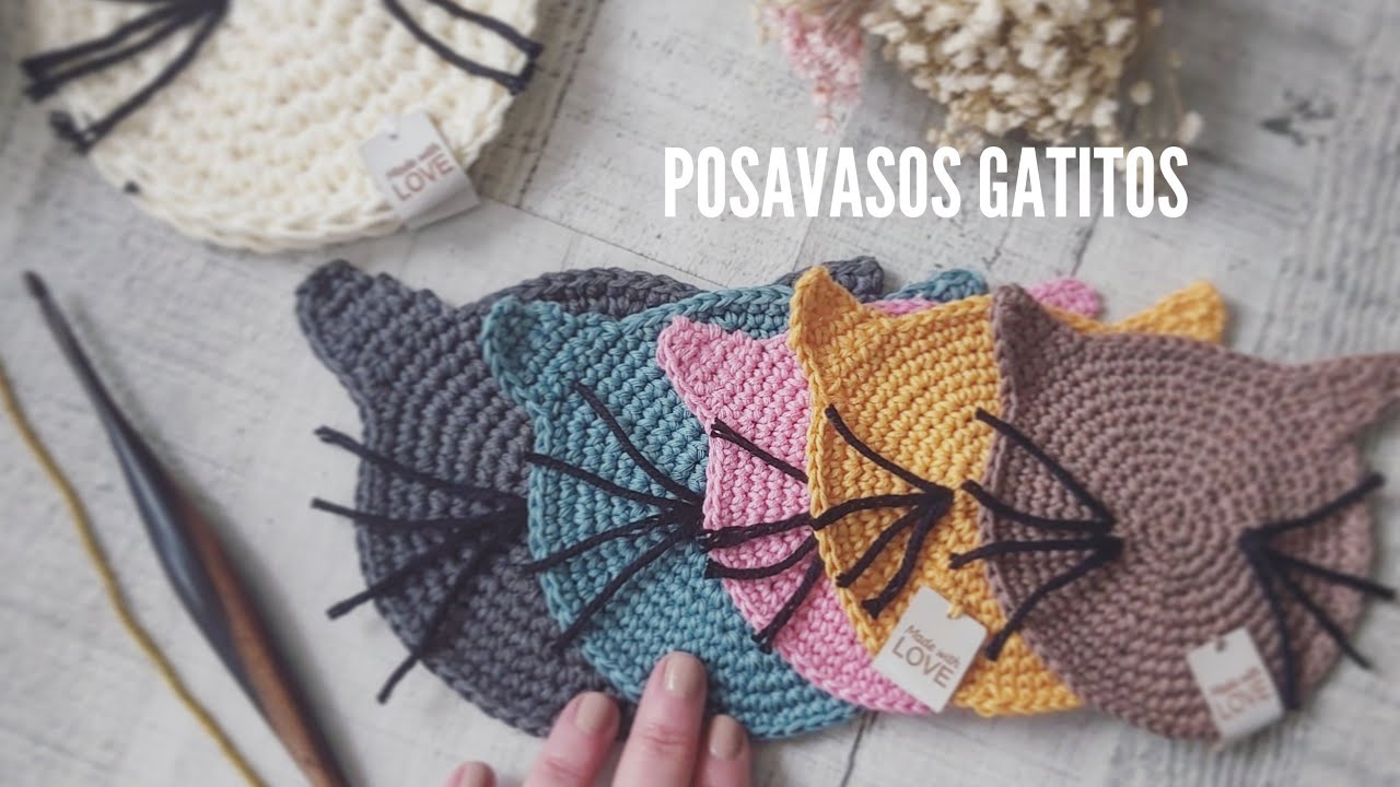 Posavasos a crochet con cara de gato ♡ súper fácil very easy crochet cat coasters