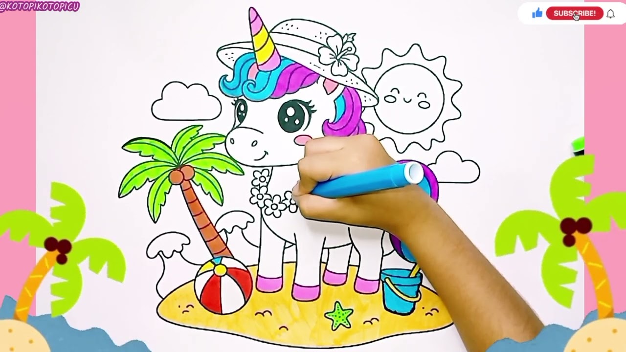 Coloreando un UNICORNIO KAWAII en la PLAYA 🦄🏝️ Dibujo para niños | Video relajante #unicorniokawaii