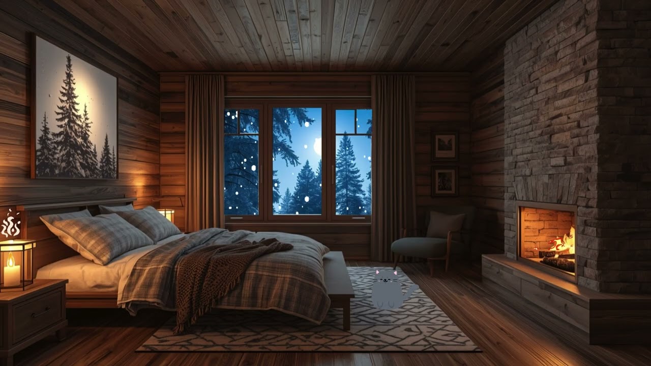 Escape into a peaceful winter night inside a warm wooden cabin 🌙❄️