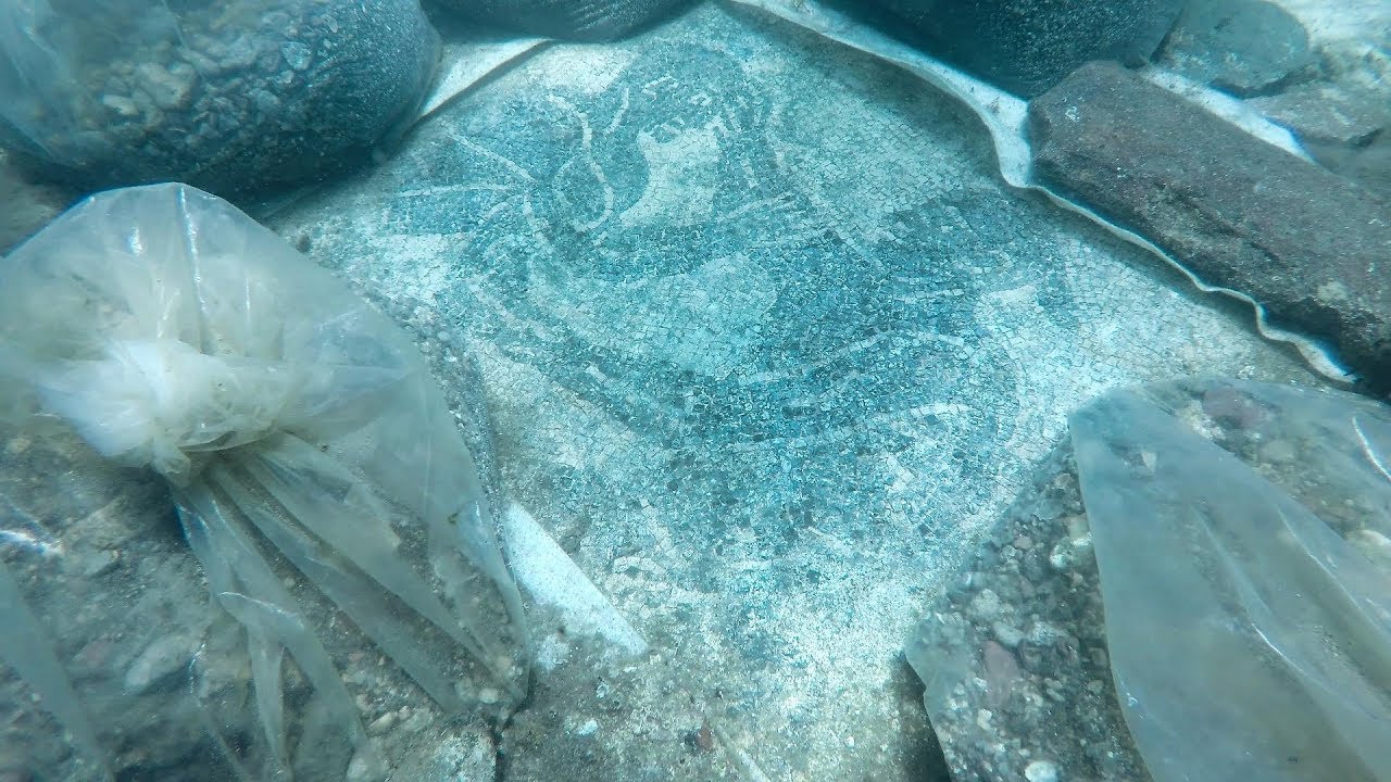 Scuba Diving in a Submerged Roman Villa. Pozzuoli Underwater Archaeological Site, Italy.