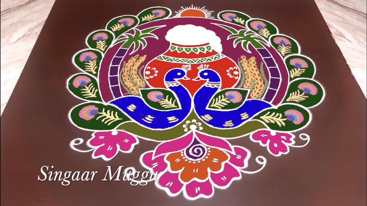 Sankranthi kundala muggulu 5x3 dots | Pongal pot kolam | Peacock rangoli | Mayil kolam |Pulli kolam