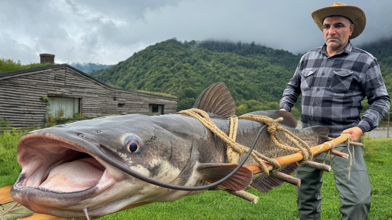 Giant Catfish Cooked Inside a Log &mdash; Traditional Village Feast