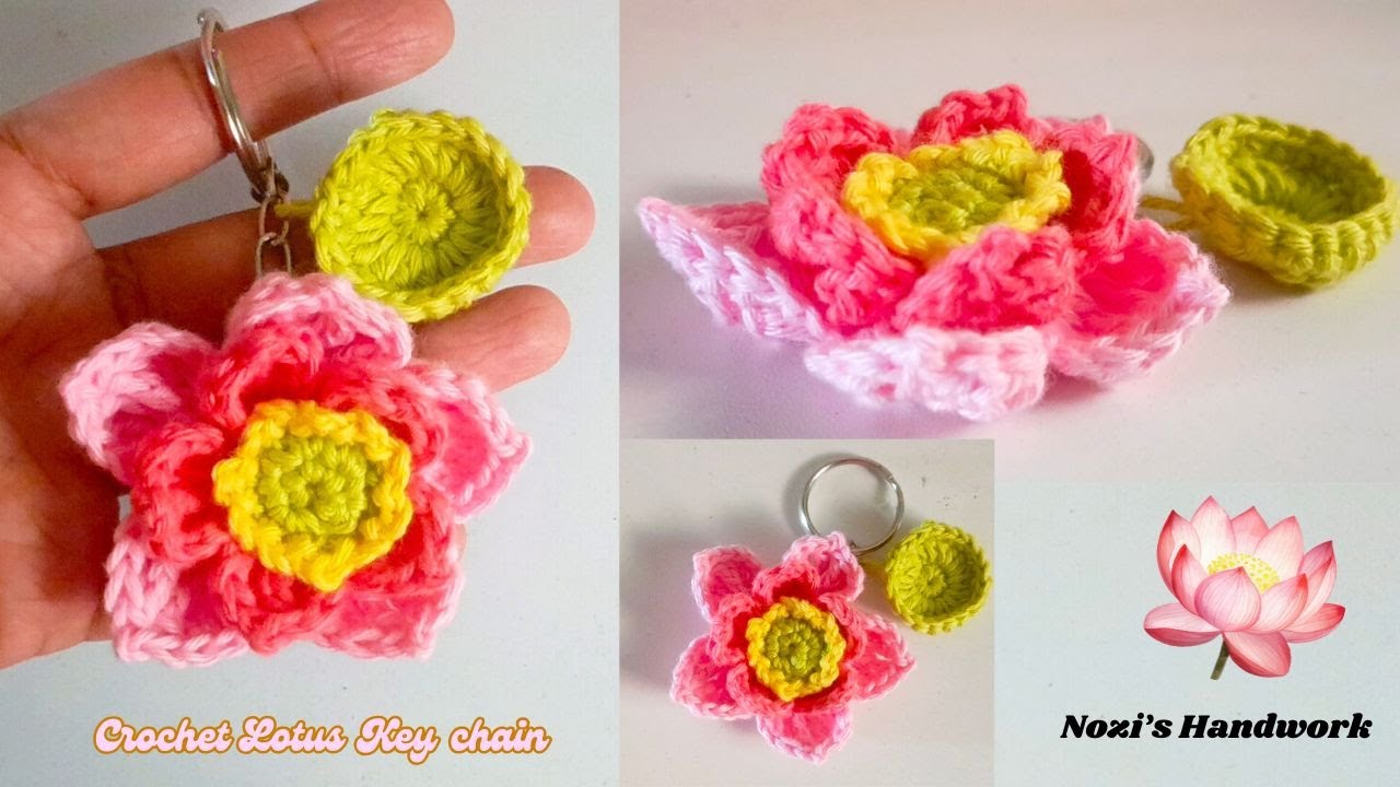 How to Crochet a Lotus Flower with Leaf in Tamil | Flower Keychain with Eng Sub #crochet