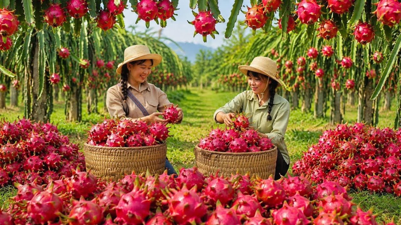 Harvesting the first fruits of the season. The two sisters were delighted to go to the market!