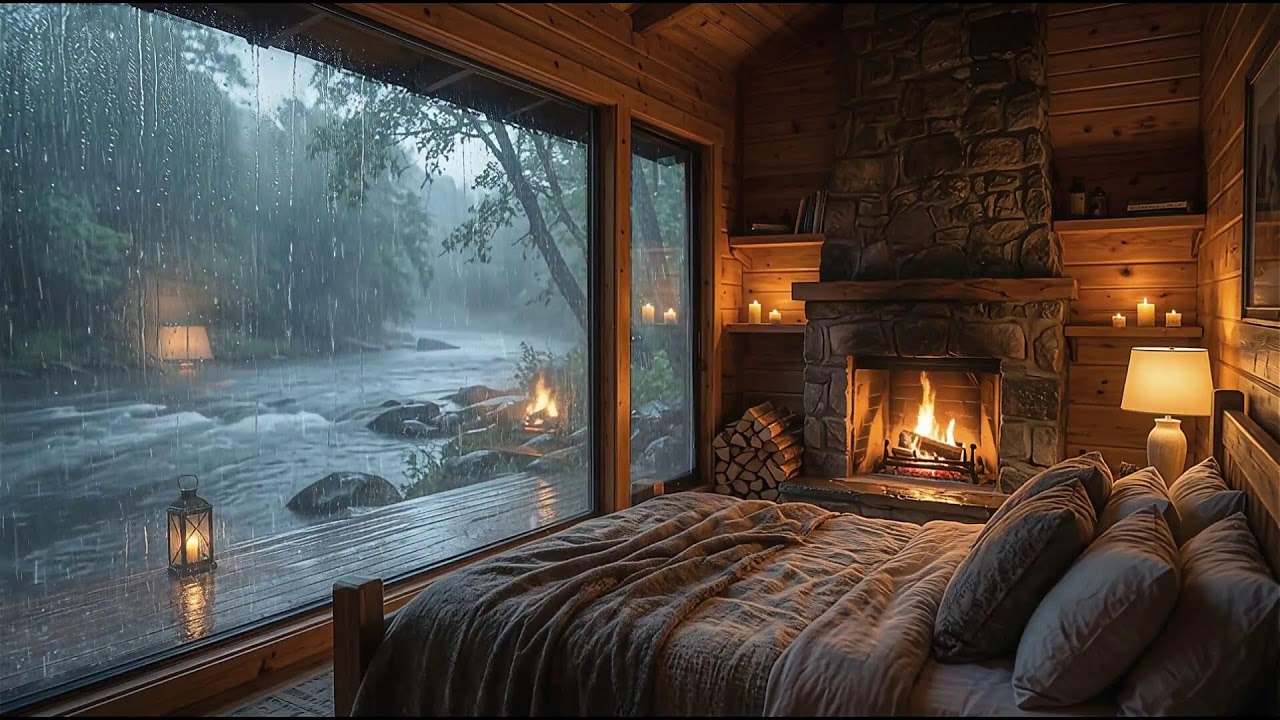 Heavy Rain, Fireplace and River View for Deep Sleep in 8K Cinematic Cabin