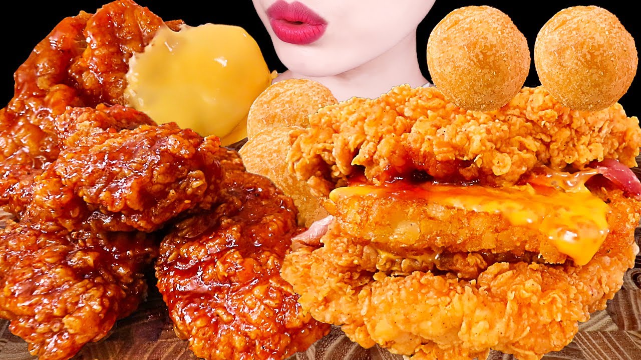 ASMR MUKBANG｜KFC BURGERS, FRIED CHICKEN, CHEESE BALL, CHEESE SAUCE｜KFC 햄버거 치킨 치즈볼  EATING SOUNDS 먹방