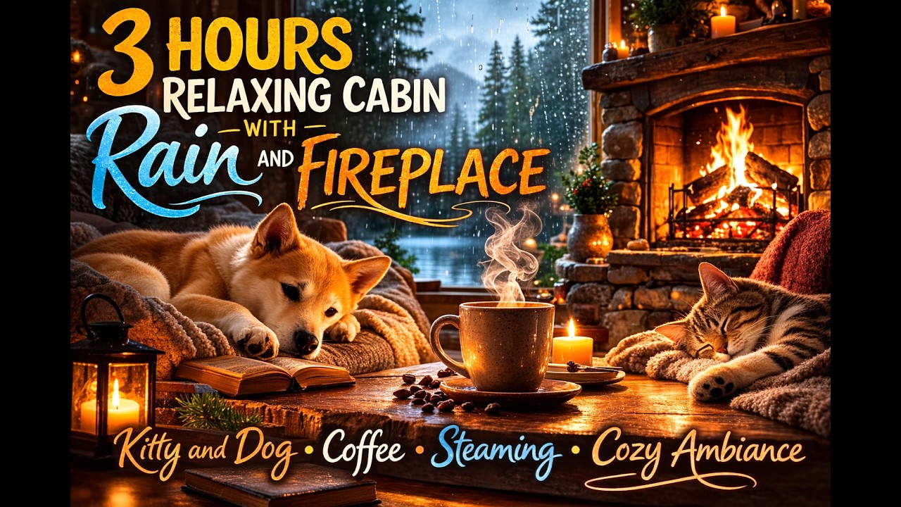 3 HOURS Cozy Rainy Cabin 🌧 Fireplace, Kittens & Puppies Sleeping | Deep Relaxation