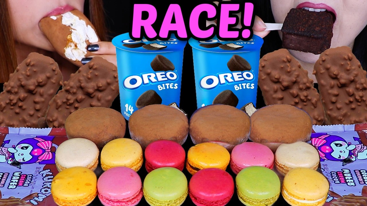 ASMR CHOCOLATE CREAM MOCHI RACE! Oreo bites ice cream, rainbow macarons, chocolate cream wafers 먹방