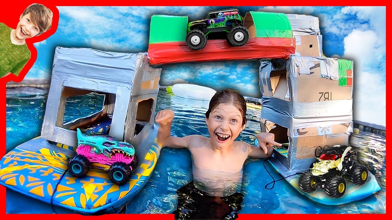 Double Monster Truck Box Fort Boat with Bridge!