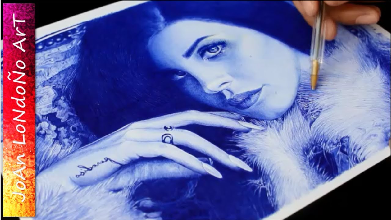 Girl - Blue pen art - speed ink drawing