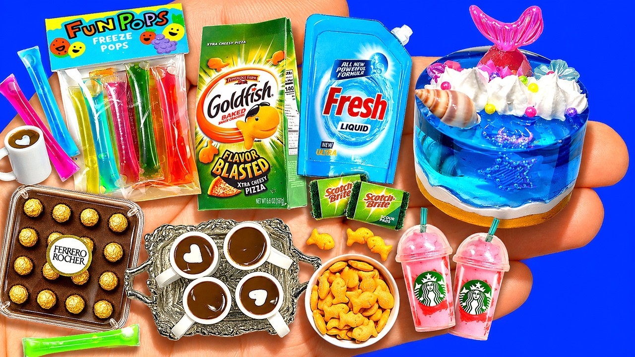 DIY Miniature Ocean Jelly Cake, Starbucks Pink Drink, Mini Food, Easy Craft, Mini things for Doll