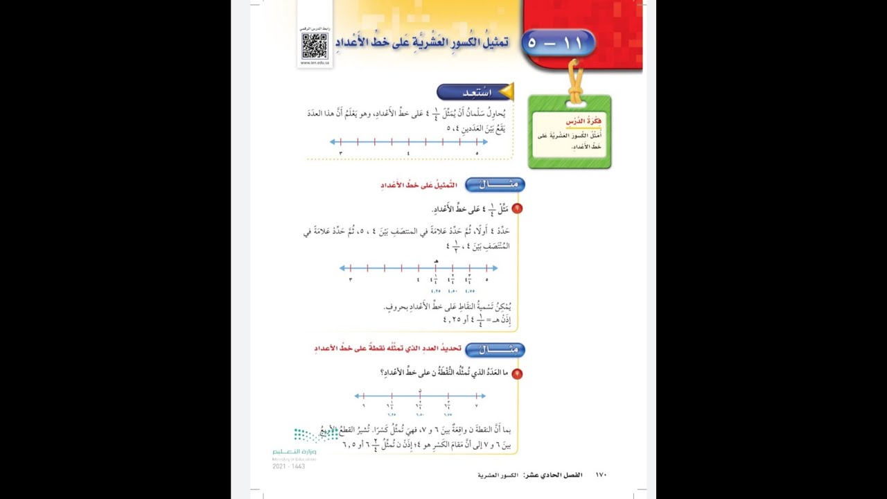 تمثيل الكسور العشرية على خط الأعداد - رياضيات الصف الرابع الفصل الثالث