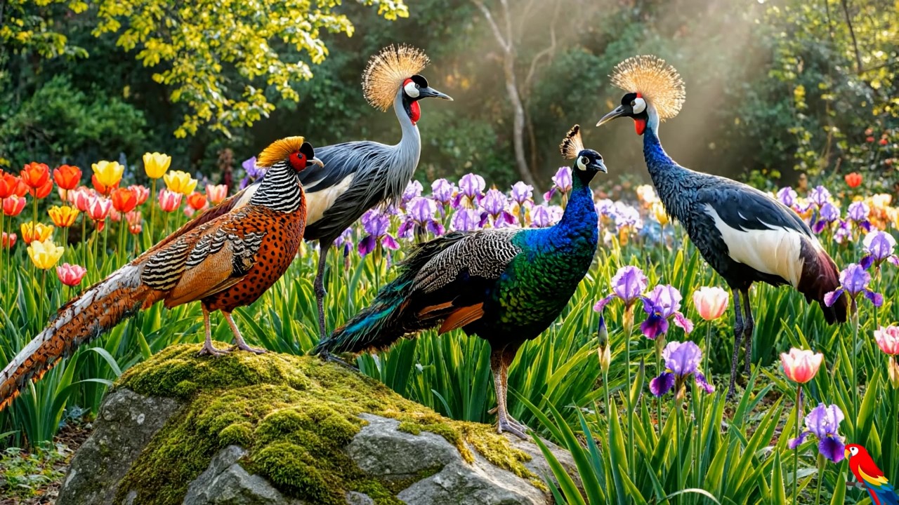 Nature Sounds & Relaxing Music Spring Garden Wildlife – Peacocks, Cranes & Exotic Birds Surrounded