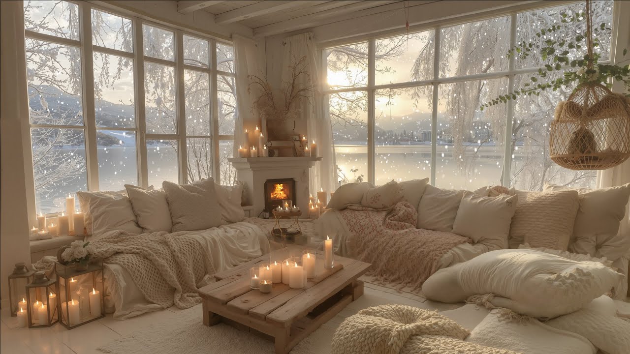 Warm Winter Cabin Living Room ❄️ Gentle Piano, Snowfall & Fireplace for Relaxation