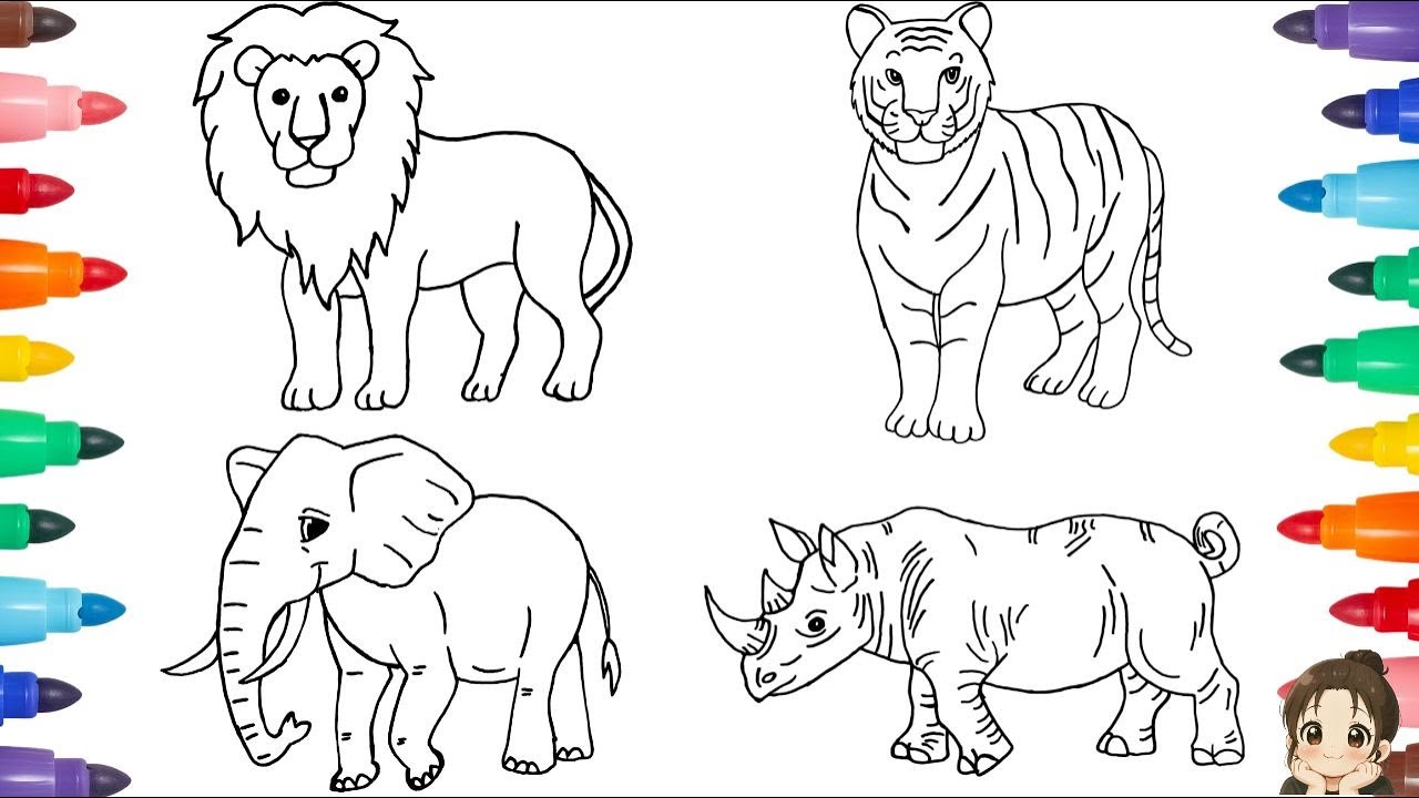 How to Draw Wild Animals 🐅🦁 Lion, Tiger, Elephant & Rhino | Drawing and Coloring for Kids
