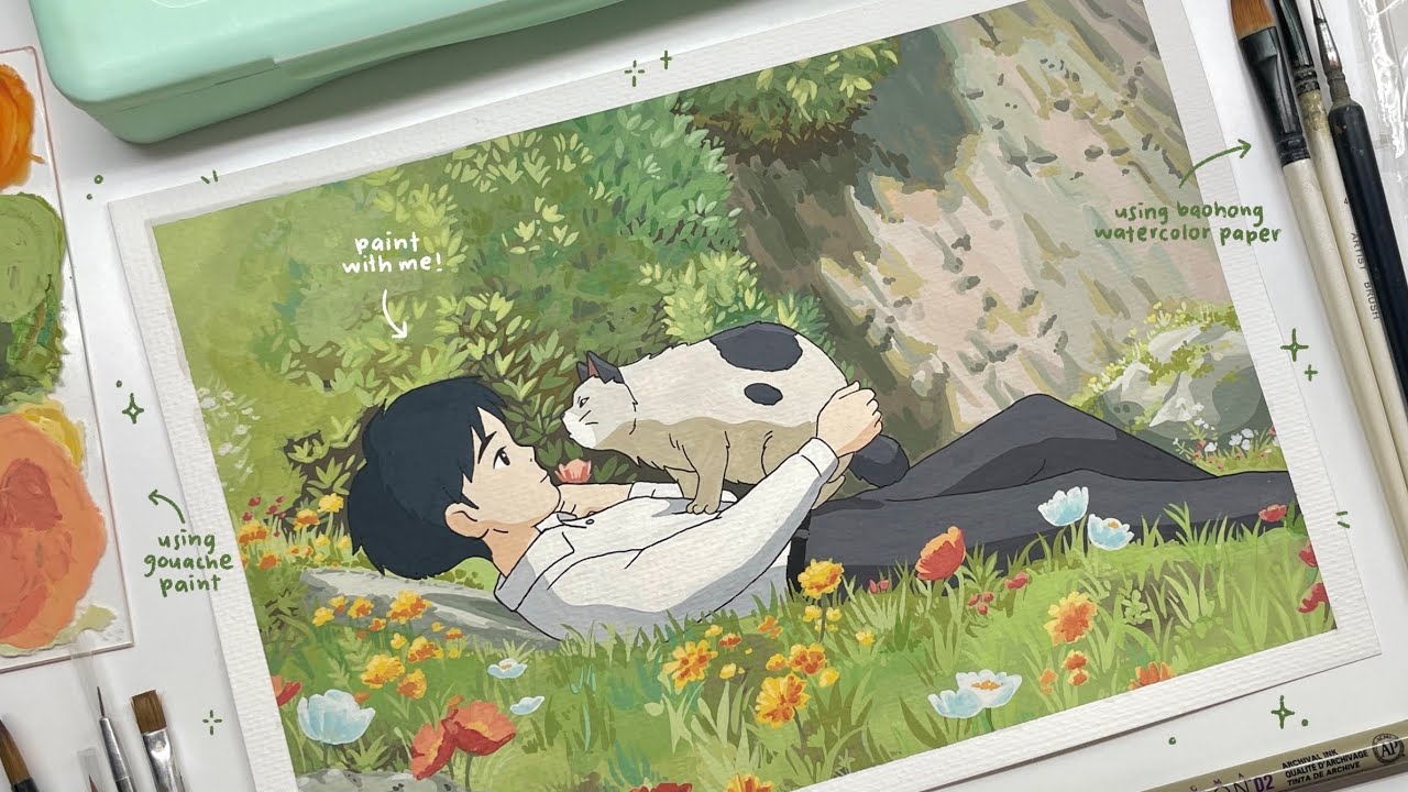 paint with me, painting The Secret World of Arrietty’s scene🐱🌿💐 gouache painting