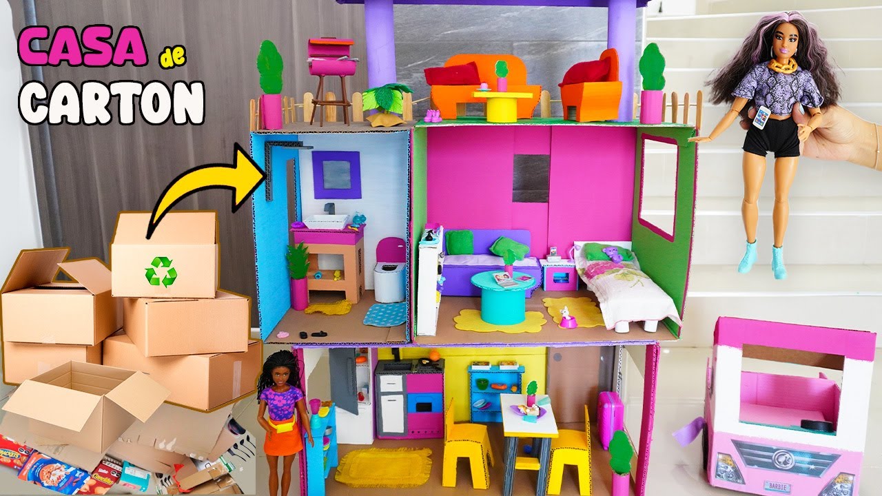 CONSTRUYÓ una CASA DE CARTÓN de 3 PISOS para BARBIE📦🏡