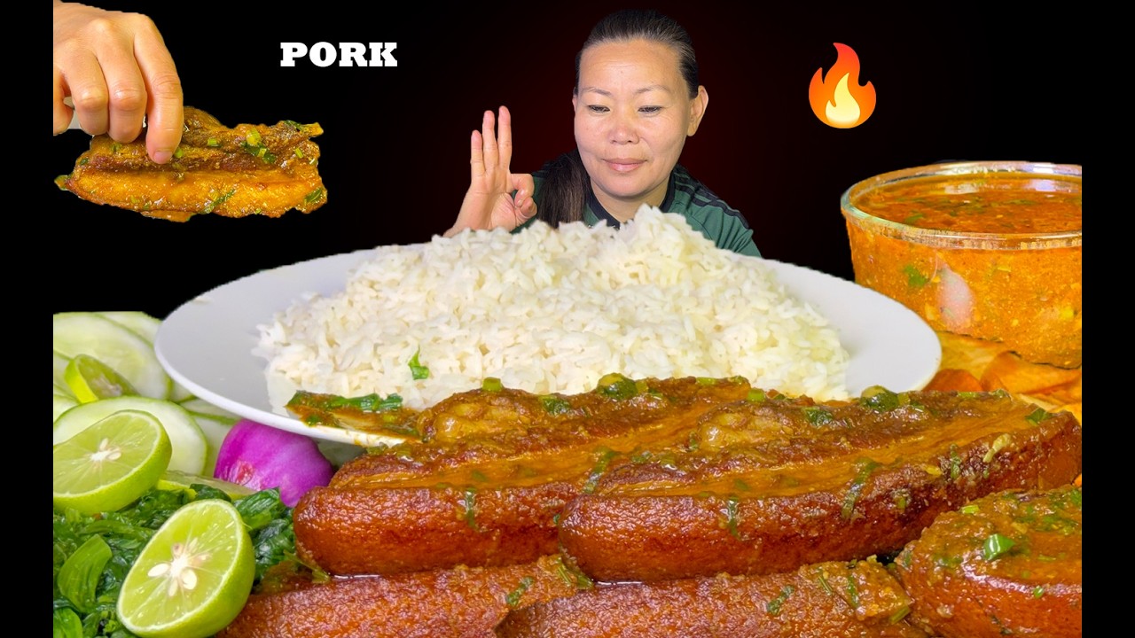 BIG BITES 🔥PORK BELLY | 1KG FATTY PORK BELLY 🥵WITH CHIPS & 🌶️Spicy Gravy Bhat | Nepali Mukbang