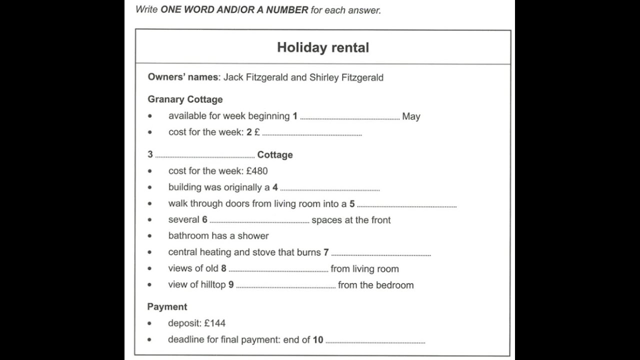 Holiday rental - IELTS Listening - Section 1