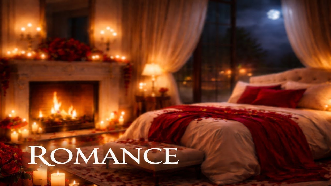 Candlelit Valentine Bedroom | Romantic Piano Fireplace Ambience