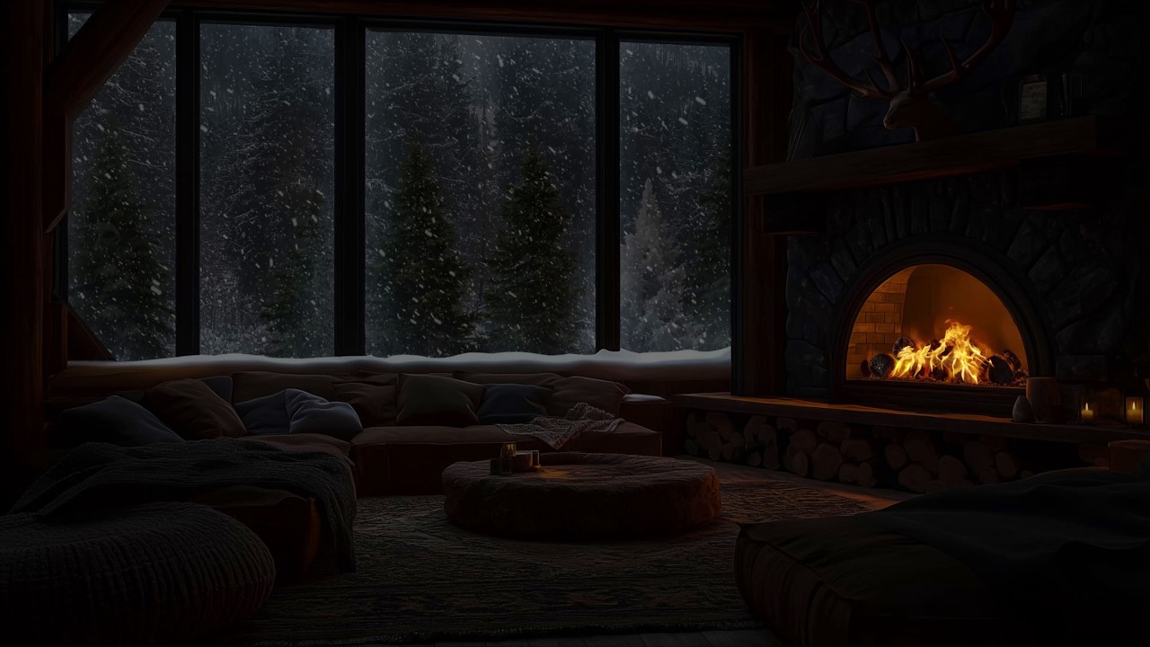 Snowy Isolated Cabin in Deep Winter with Soft Fireplace Sounds for Sleep and Relaxation