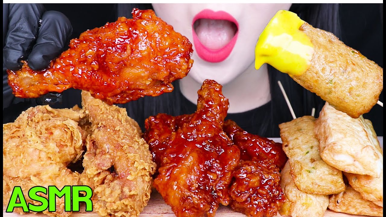 ASMR KOREAN FRIED CHICKEN +FISHCAKE BARS BBQ 황금올리브 시크릿 양념 치킨 + 고래사 어묵 먹방 (EATING SOUNDS)