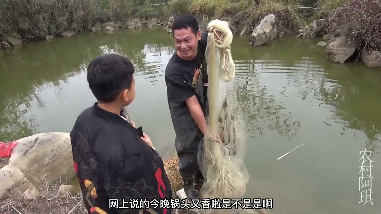 阿琪钓不上鱼直接出大招，带着撒网下塘里抓，看看能抓到吗？